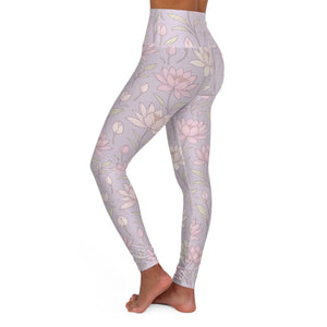 Premium High Waisted Yoga Leggings Pink Lotus Flowers - Dipaliz - Xs