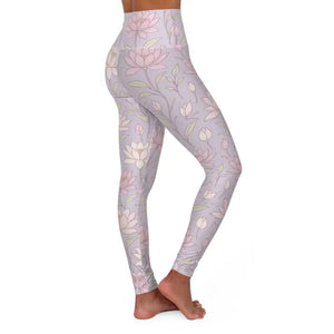 Premium High Waisted Yoga Leggings Pink Lotus Flowers - Dipaliz