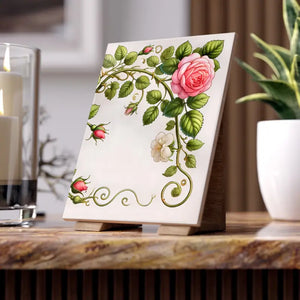 Home Decor - Pink Rose Climber Ceramic Wall Tile - Elegant Floral - Dipaliz