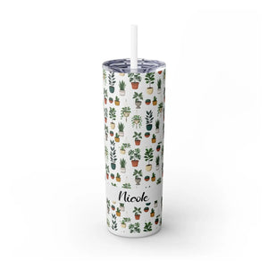 Plant Lover Skinny Tumbler 20oz – Personalized Succulent Pattern with Straw - Tumblers