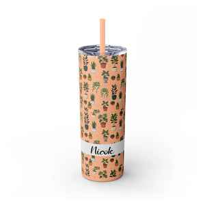 Plant Lover Skinny Tumbler 20oz – Personalized Succulent Pattern with Straw - Tumblers