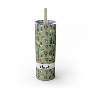 Plant Lover Skinny Tumbler 20oz – Personalized Succulent Pattern with Straw - Tumblers