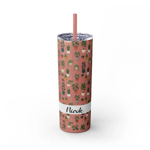 Plant Lover Skinny Tumbler 20oz – Personalized Succulent Pattern with Straw - Tumblers
