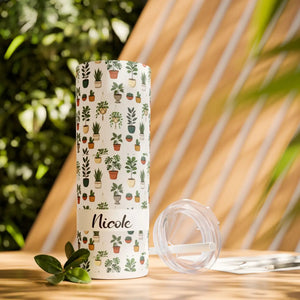 Plant Lover Skinny Tumbler 20oz – Personalized Succulent Pattern with Straw - Tumblers