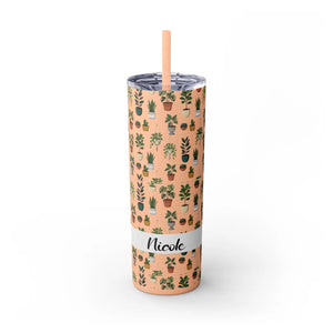 Plant Lover Skinny Tumbler 20oz – Personalized Succulent Pattern with Straw - Tumblers