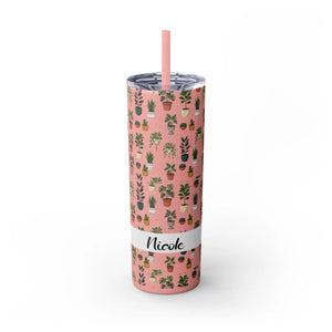 Plant Lover Skinny Tumbler 20oz – Personalized Succulent Pattern with Straw - Tumblers