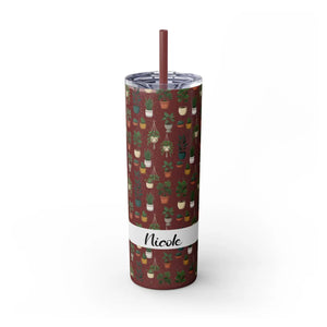 Plant Lover Skinny Tumbler 20oz – Personalized Succulent Pattern with Straw - Tumblers