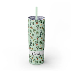 Plant Lover Skinny Tumbler 20oz – Personalized Succulent Pattern with Straw - Tumblers