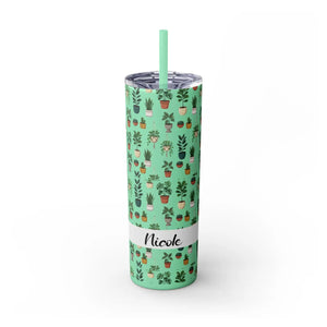 Plant Lover Skinny Tumbler 20oz – Personalized Succulent Pattern with Straw - Tumblers