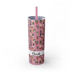 Plant Lover Skinny Tumbler 20oz – Personalized Succulent Pattern with Straw - Tumblers