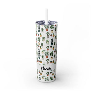 Plant Lover Skinny Tumbler 20oz – Personalized Succulent Pattern with Straw - Tumblers