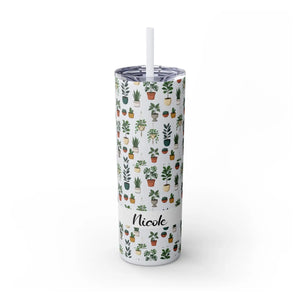 Plant Lover Skinny Tumbler 20oz – Personalized Succulent Pattern with Straw - Tumblers
