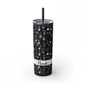 Plant Lover Skinny Tumbler 20oz – Personalized Succulent Pattern with Straw - Tumblers