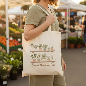 Plant Shelf Canvas Tote, ?Grow at your Own Pace’ Reusable Market Bag - Shopping Totes