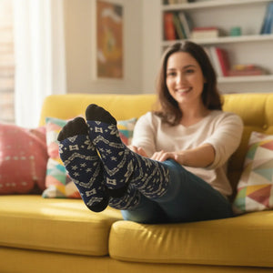 Stepped ikat petal edges in the DipaliZ navy floral sock artwork