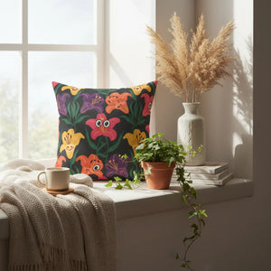 DipaliZ cartoon lily throw pillow in coral, tangerine and bottle green