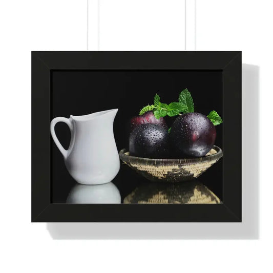 Plumazing Fresh Plum Fruits Framed Poster for Home Decor - 14″ x 11″ / Black