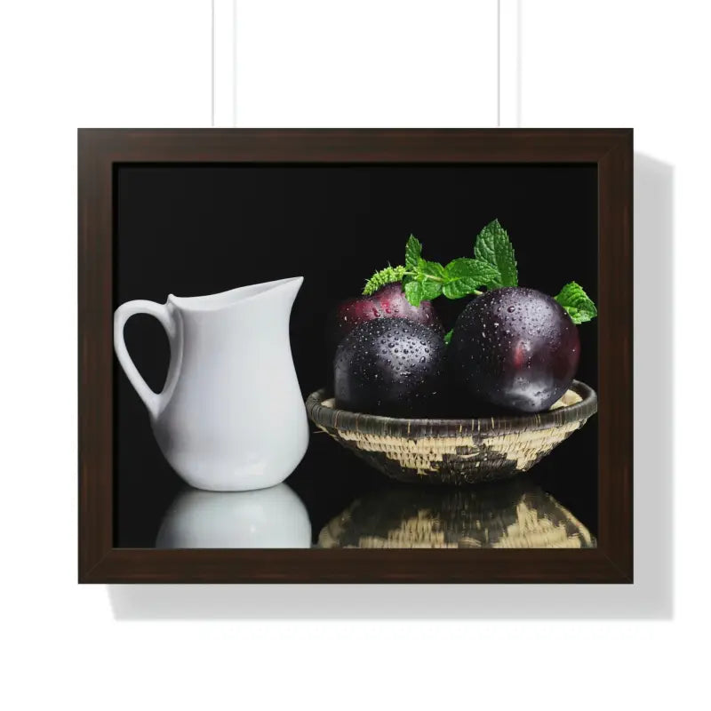 Plumazing Fresh Plum Fruits Framed Poster for Home Decor - 20’’ x 16’’ / Walnut