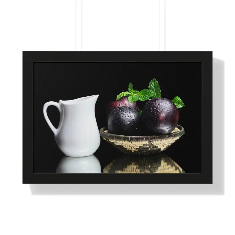 Plumazing Fresh Plum Fruits Framed Poster for Home Decor - 24″ x 16″ / Black