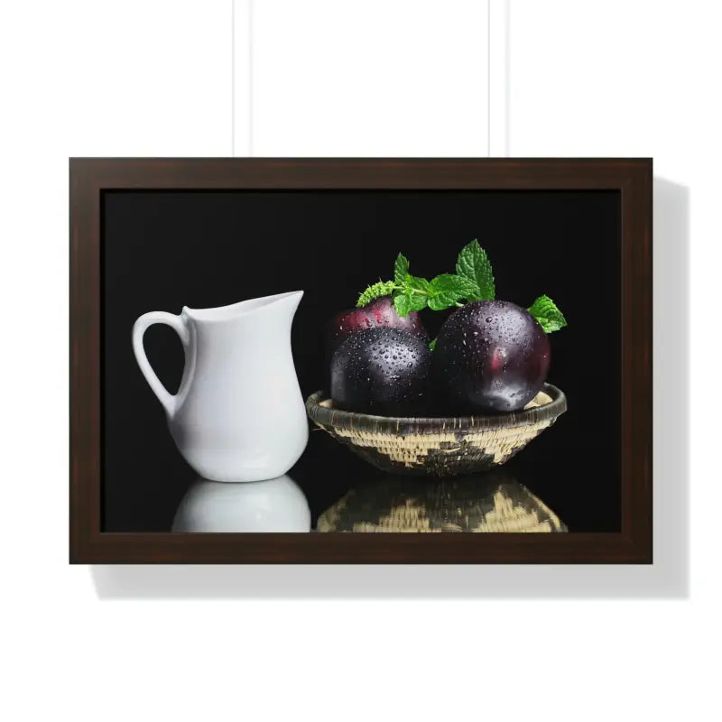 Plumazing Fresh Plum Fruits Framed Poster for Home Decor - 24″ x 16″ / Walnut