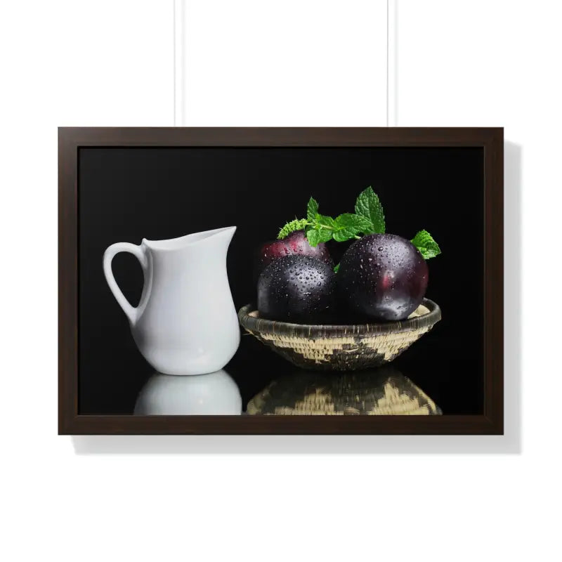 Plumazing Fresh Plum Fruits Framed Poster for Home Decor - 30’’ x 20’’ / Walnut