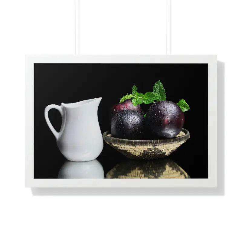 Plumazing Fresh Plum Fruits Framed Poster for Home Decor - 30’’ x 20’’ / White