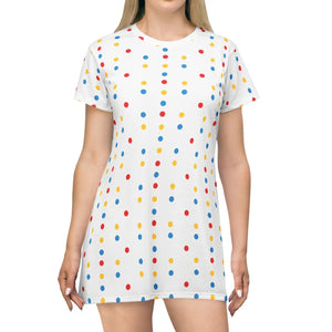 Polka Dot T‑shirt Dress, Colorful Red Blue & Yellow All‑over Print - Dresses