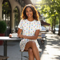 Polka Dot T-shirt Dress — Colorful Red Blue & Yellow All-over Print