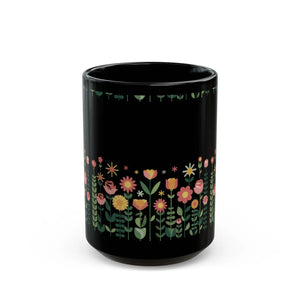 Floral Black Ceramic Mug - Pretty Flowers 11oz - Dipaliz - Mugs