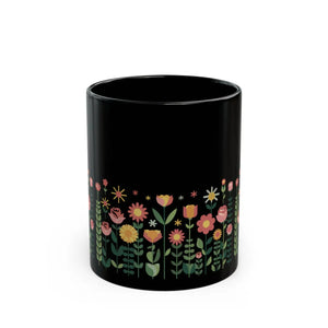 Floral Black Ceramic Mug - Pretty Flowers 11oz - Dipaliz - Mugs