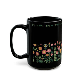 Floral Black Ceramic Mug - Pretty Flowers 11oz - Dipaliz - Mugs