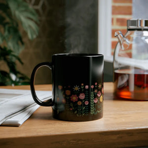 Floral Black Ceramic Mug - Pretty Flowers 11oz - Dipaliz - Mugs