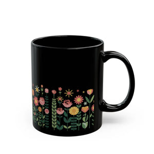 Floral Black Ceramic Mug - Pretty Flowers 11oz - Dipaliz - Mugs