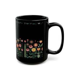 Floral Black Ceramic Mug - Pretty Flowers 11oz - Dipaliz - Mugs