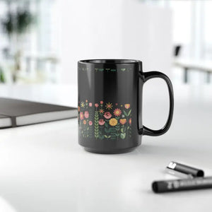 Pretty Flowers 11oz Black Ceramic Mug - Stylish Floral Design - Dipaliz - 15oz - Mugs
