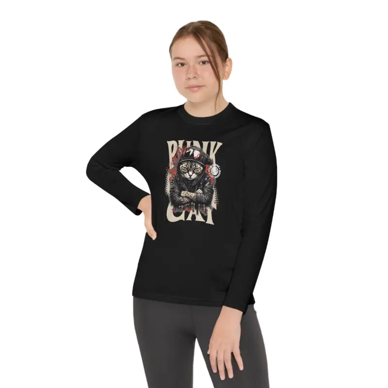 Your Wild Side: Punk Cat Moisture Wicking Long Sleeve Tee - Black / s Kids Clothes