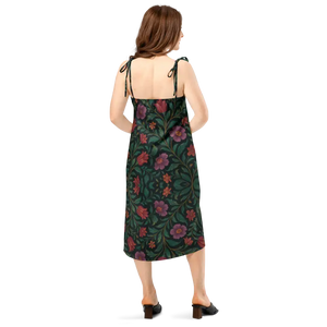 Purple Red Blooms Midi Dress Adjustable Tie Straps - Dipaliz - Dresses