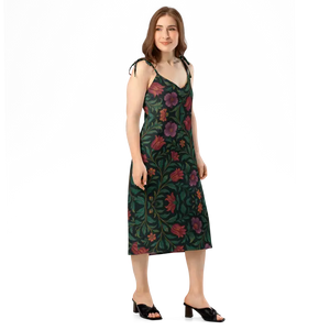 Purple Red Blooms Midi Dress Adjustable Tie Straps - Dipaliz - Dresses