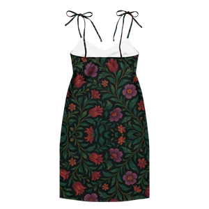 Purple Red Blooms Midi Dress Adjustable Tie Straps - Dipaliz - Dresses