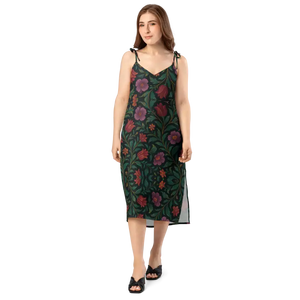Purple Red Blooms Midi Dress Adjustable Tie Straps - Dipaliz - Dresses