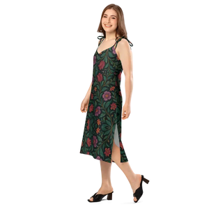 Purple Red Blooms Midi Dress Adjustable Tie Straps - Dipaliz - Dresses