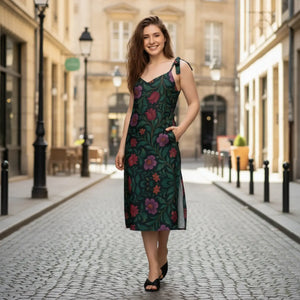 Purple Red Blooms Midi Dress – Tie Straps - Dipaliz - Dresses - Xs