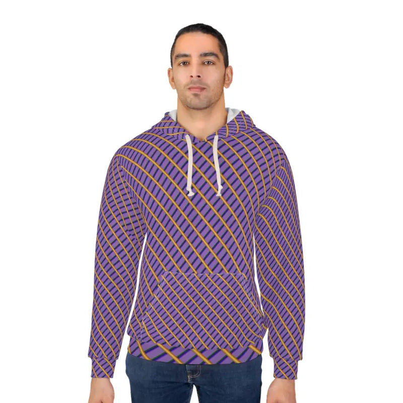 Vibrant Unisex Pullover Hoodie – Purple & Yellow Stripes - All Over Prints