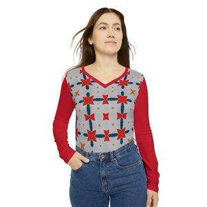 Red Pattern Long Sleeve v Neck Tee - Bold Style - Dipaliz - Xs - T-shirts