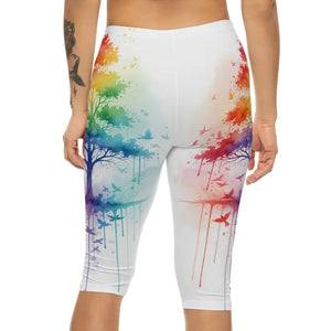 Rainbow Watercolor Tree Capri Leggings - Wearable Art - Dipaliz