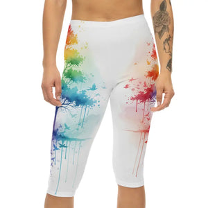 Rainbow Watercolor Tree Capri Leggings - Wearable Art - Dipaliz
