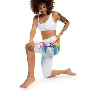 Rainbow Watercolor Tree Capri Leggings - Wearable Art - Dipaliz - Xs / White Stitching
