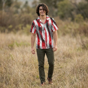 Abstract Wave Hawaiian Camp Shirt - Red Black Linen - Dipaliz - Shirts