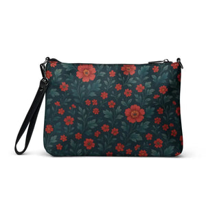 Red Flowers Crossbody Bag Dark Teal Hands Free Style - Dipaliz - Cross Body Bags