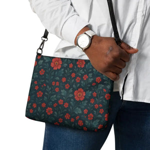 Red Flowers Crossbody Bag Dark Teal Hands Free Style - Dipaliz - Cross Body Bags